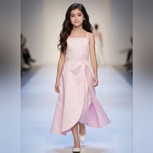 Pink Satin Flower Girl Dress Girls 8 Rhinestone Lace Up Formal Wedding Easter